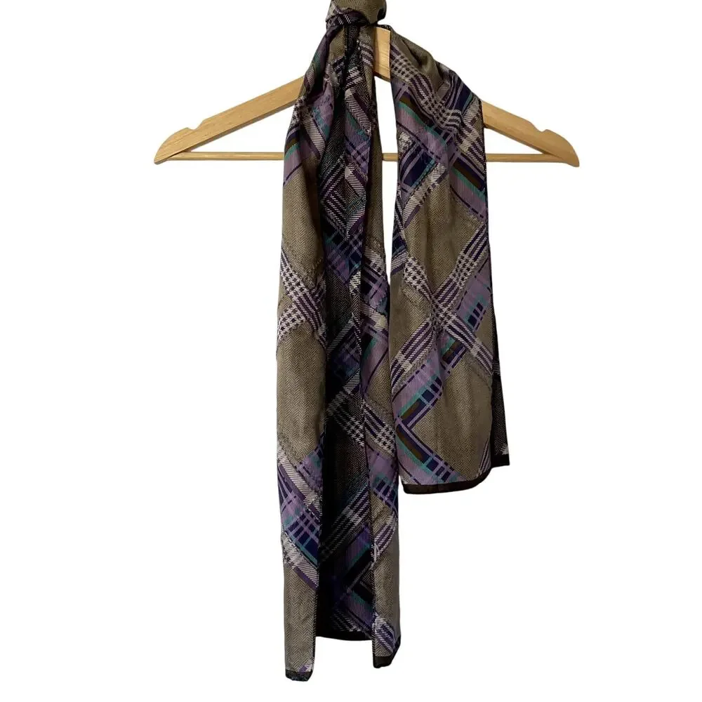 Echo brown blue purple checkered vintage herringbone scarf lightweight‎